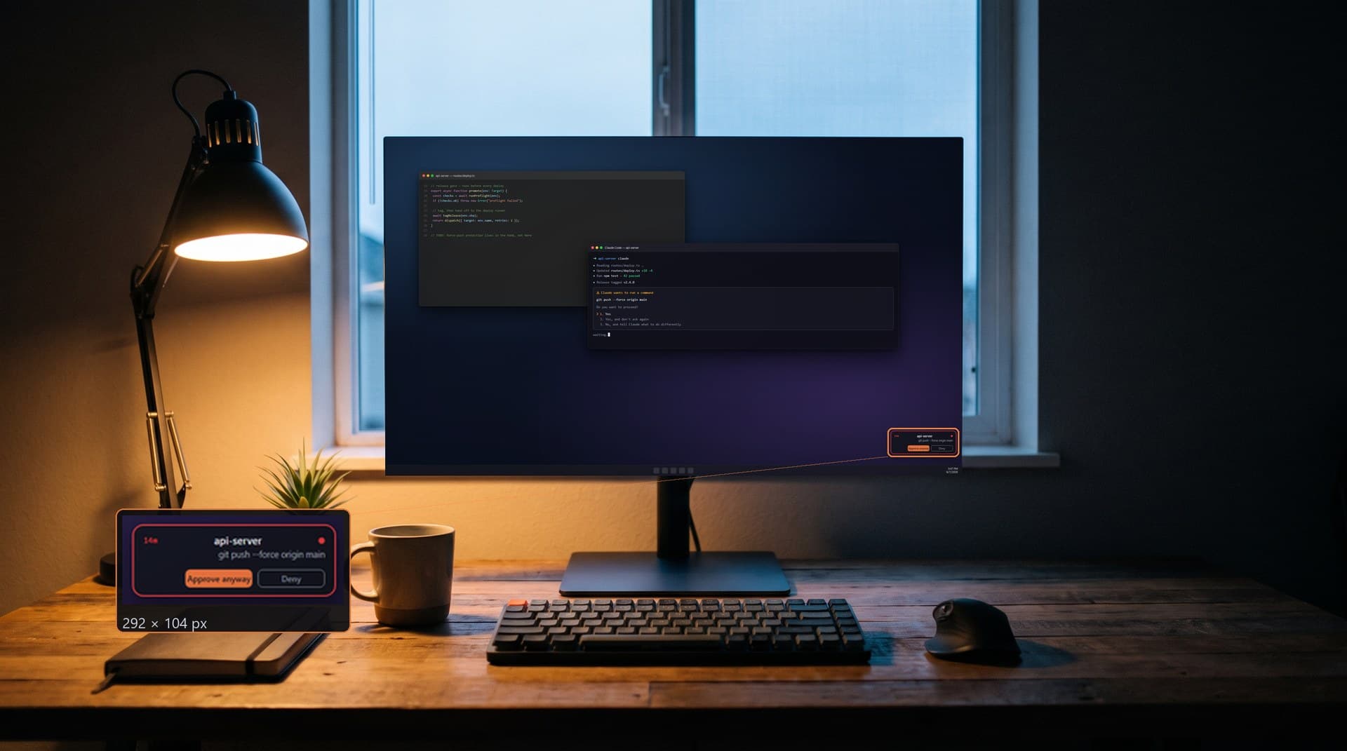 The same desk. The terminal is blocked on git push --force, and Vigil has opened into a red pill with Approve anyway and Deny.